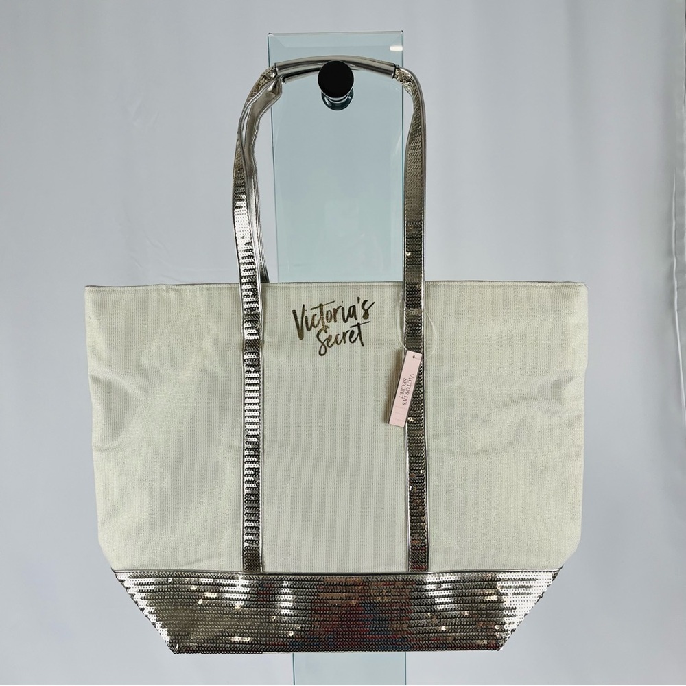 NWT Victoria's Secret Limited Edition Sequin Tote Bag Champagne Silver Gold